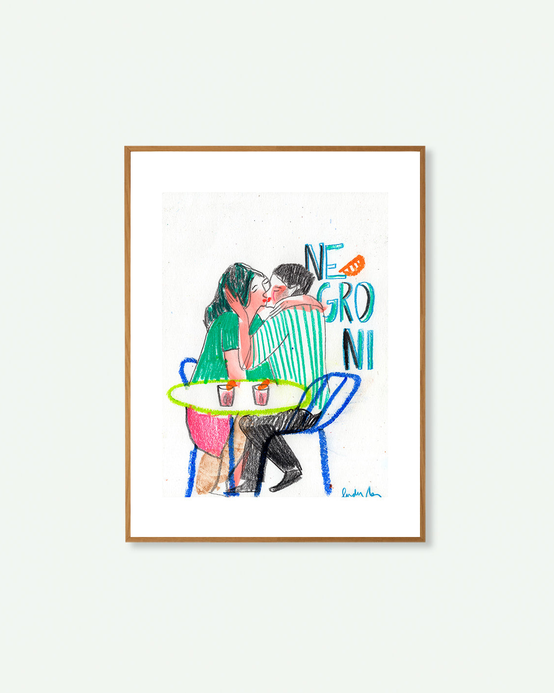 Ilustración pareja besándose en terraza con Negroni, póster color fondo blanco, luz cálida mediterránea.
