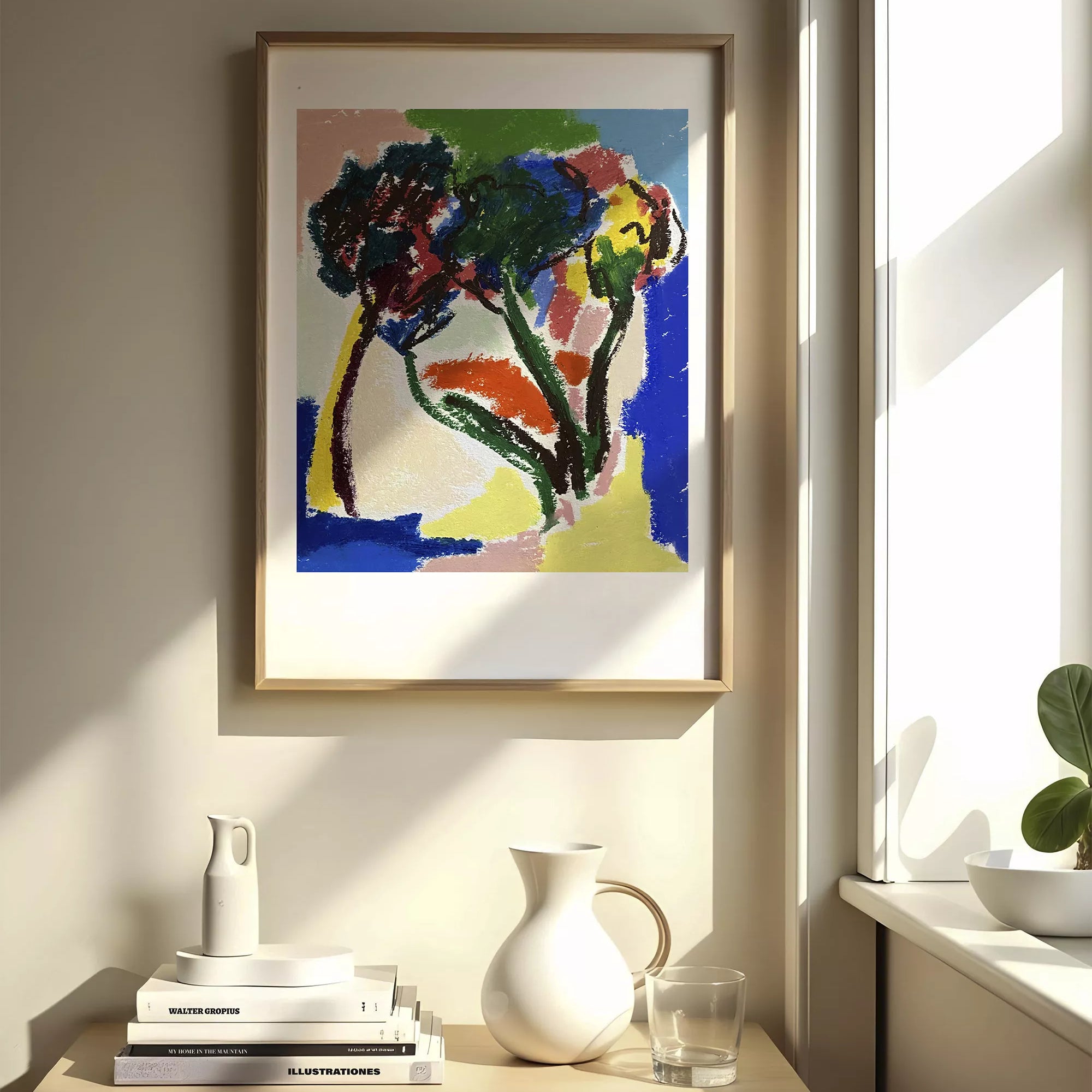 Paisaje moderno con árboles en arte semiabstracto, lámina decorativa de Emeline Zeller