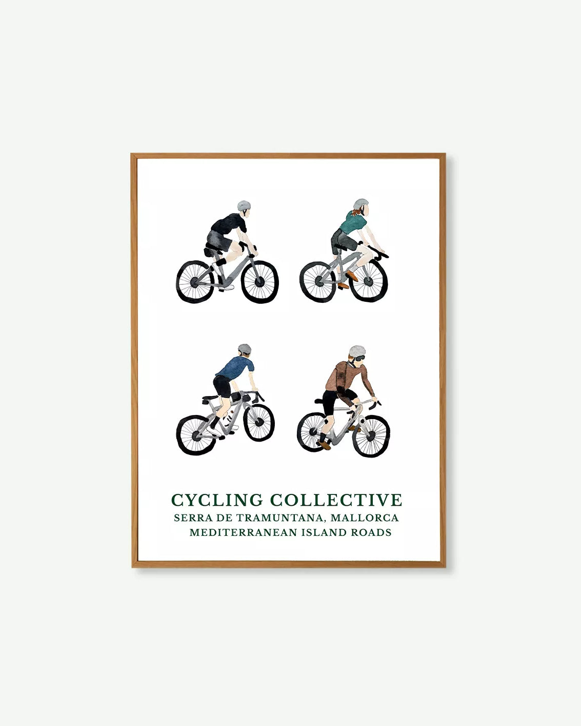 “Lámina de cuatro ciclistas sobre fondo blanco, ilustración mediterránea inspirada en la Serra de Tramuntana en Mallorca.”