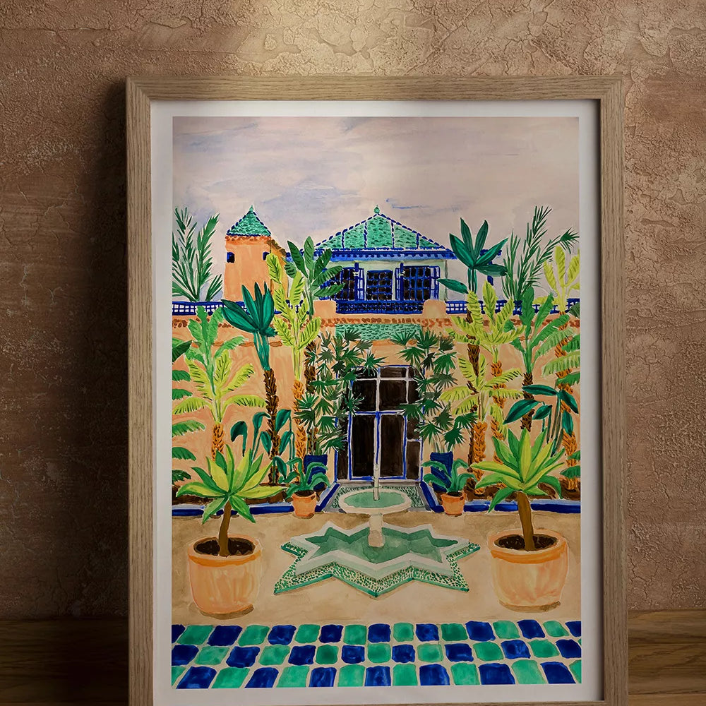 Detalle de impresión giclée del póster Jardín Majorelle con matices sutiles y colores vibrantes