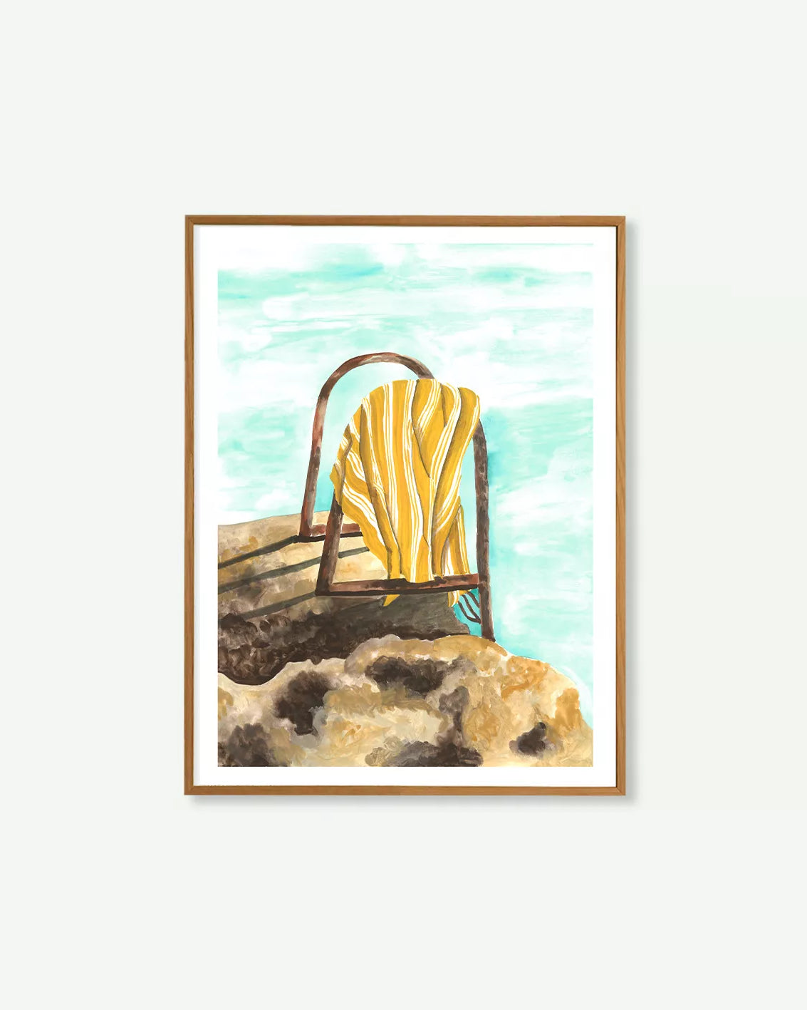 Acuarela de una escalera de madera entre rocas que desciende al mar Mediterráneo, con una toalla colgada al sol en tonos azules y marrones.