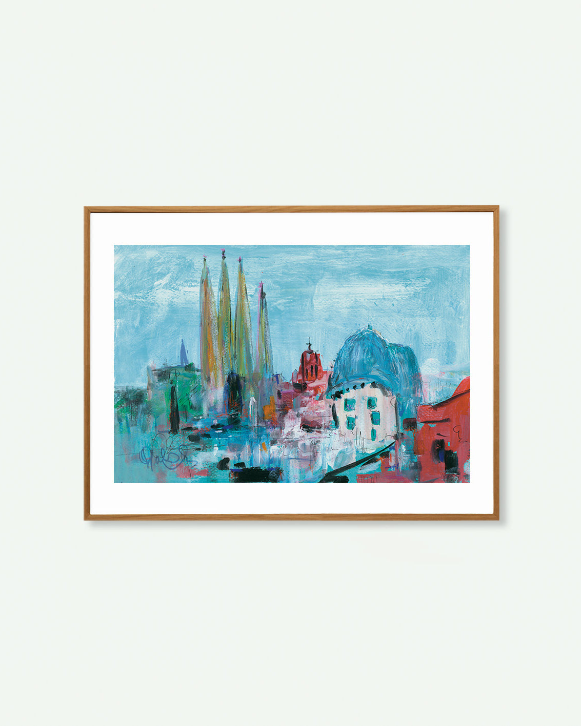 Póster de una vista de Barcelona pintado con óleo donde se ve la Sagrada Familia