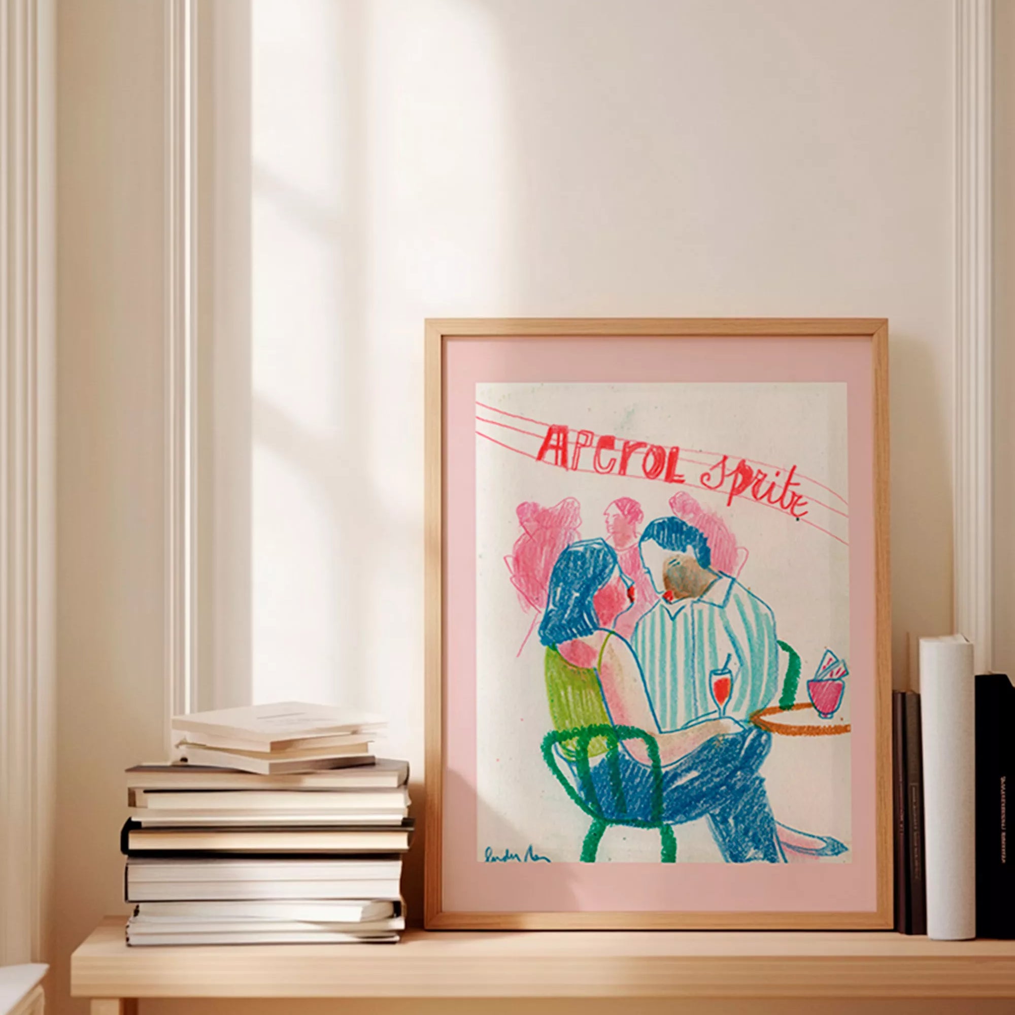 Póster Aperol Spritz en terraza mediterránea — lámina decorativa crayon
