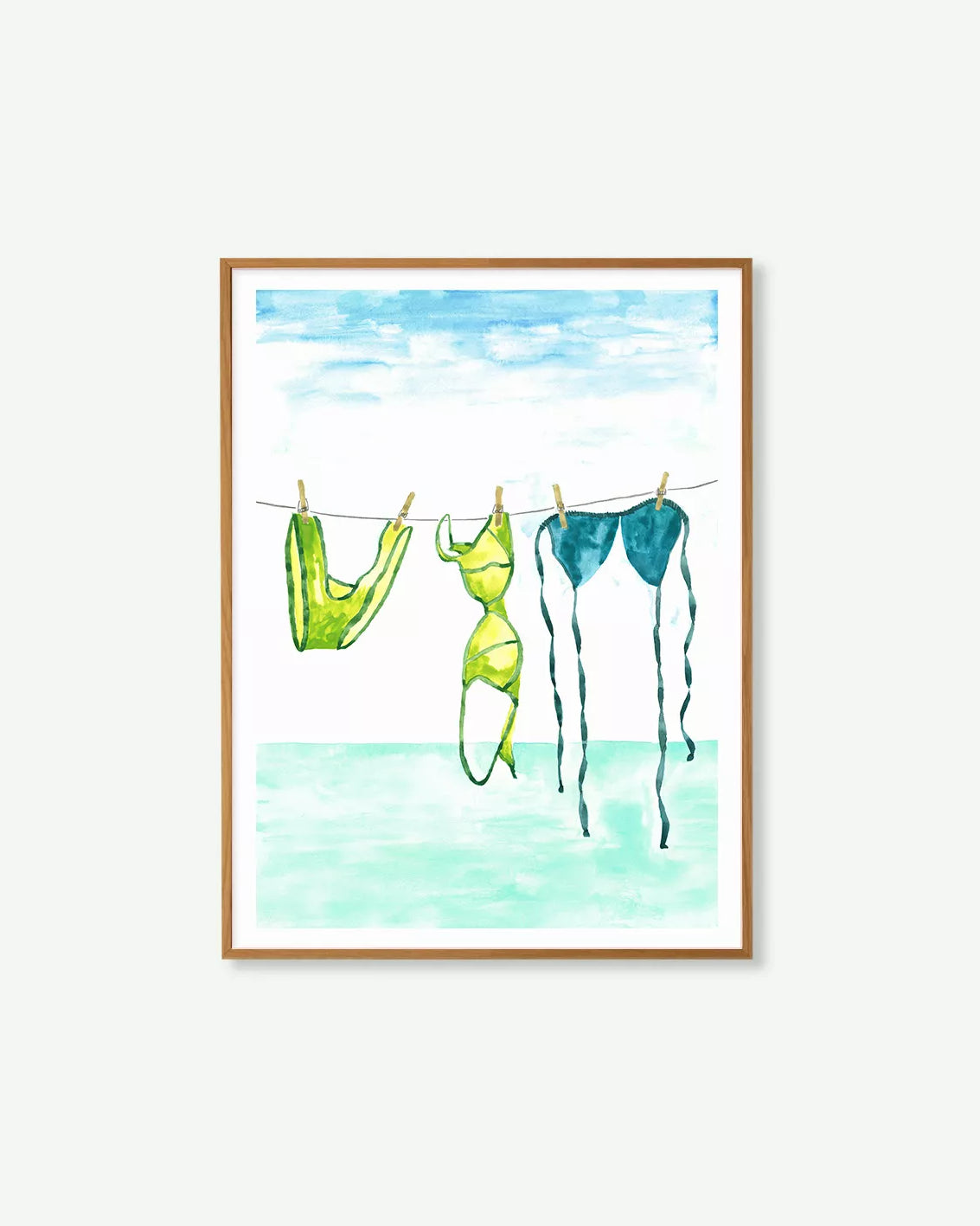 Lámina decorativa de verano con bikini secándose en tendero, ilustración mediterránea en tonos verdes y amarillos suaves.”
