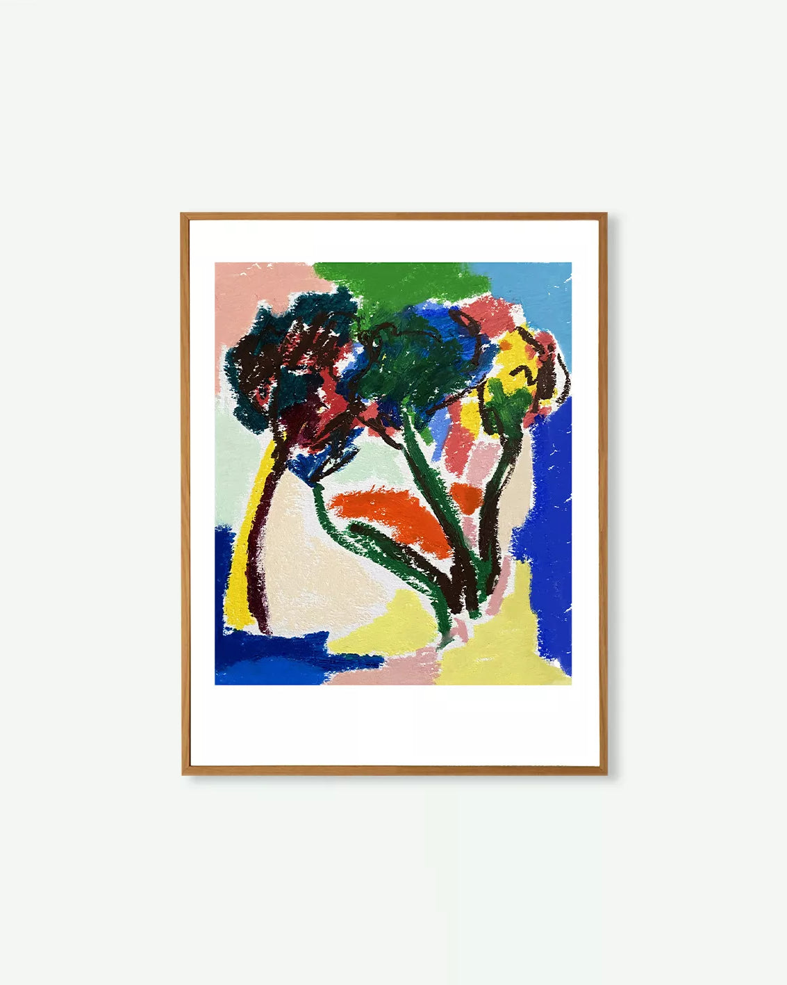 Ilustración semiabstracta de dos árboles en un paisaje colorido, obra en técnica crayón al óleo de Emeline Zeller