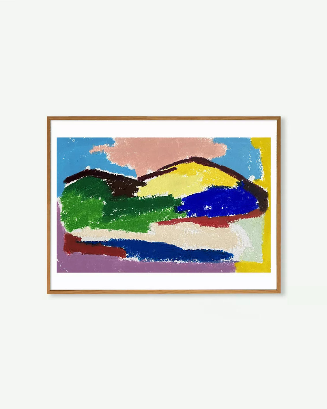 Ilustración de montaña colorida realizada con lápices de color. Póster Les Montagnes de Emeline Zeller en estilo contemporáneo.