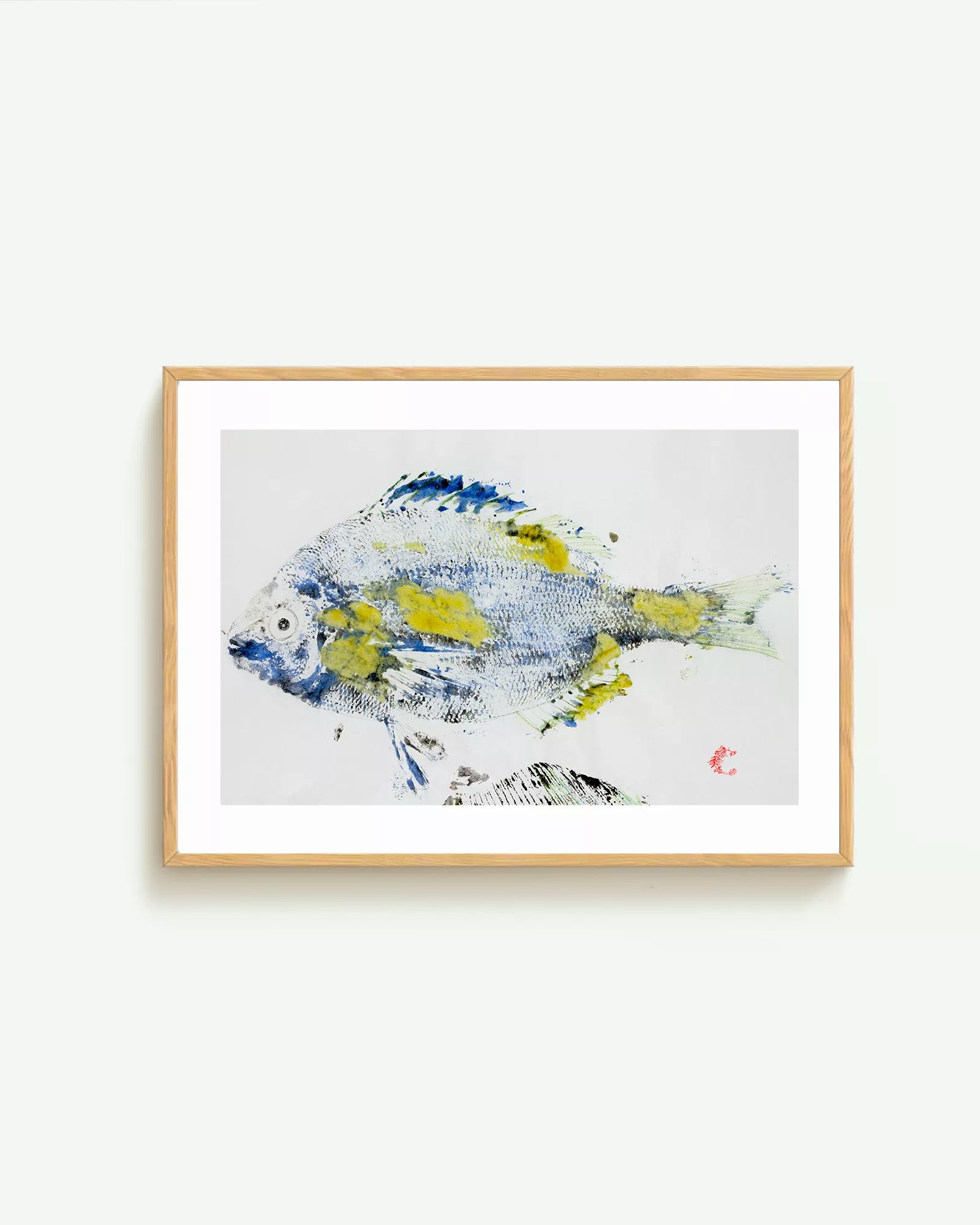 Lámina artística Gyotaku de un besugo mediterráneo en tonos azules y amarillos, creada por Itziar Unzurrunzaga.
