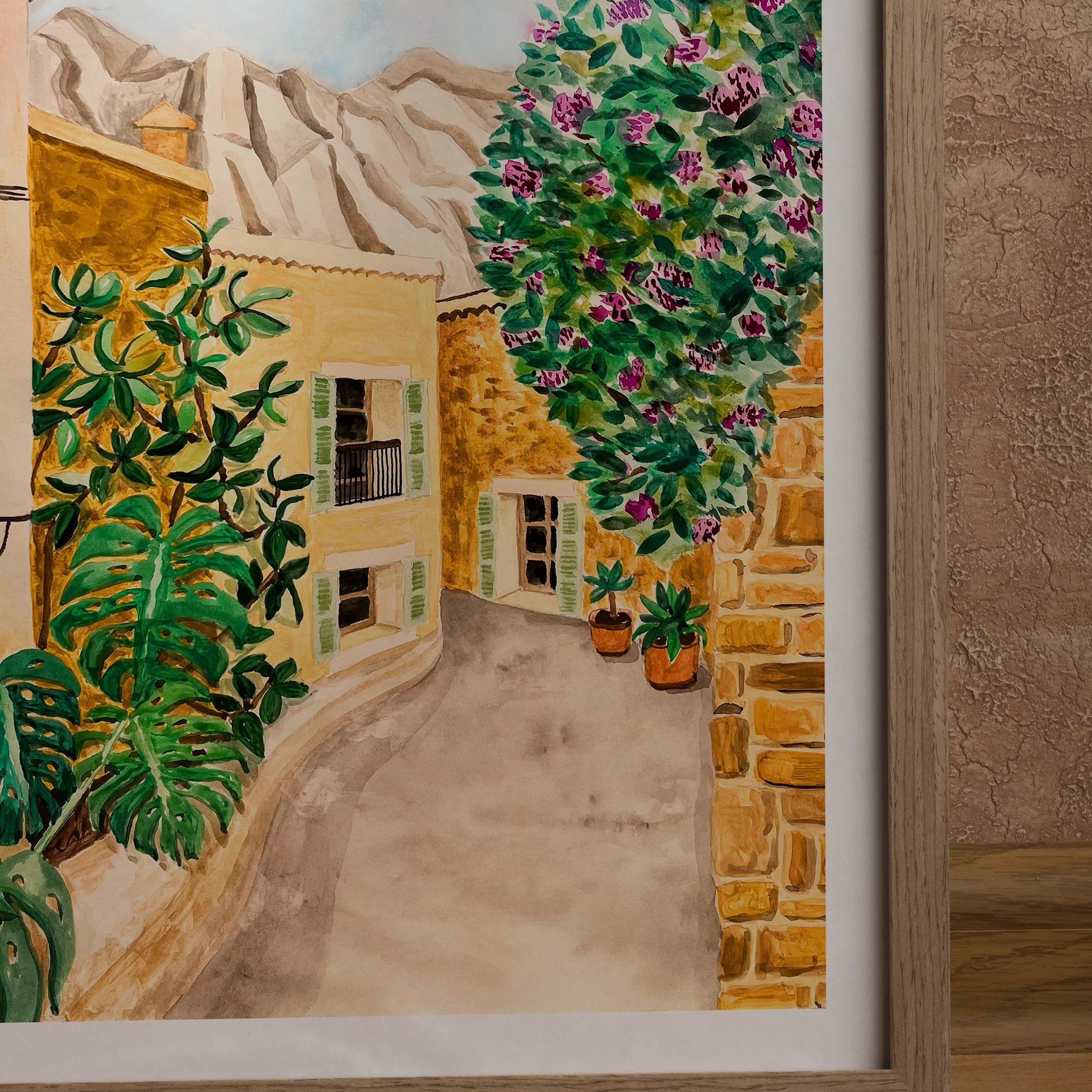 Detalle de acuarela mediterránea. Print en calidad giclée, tonos cálidos y matices sutiles del póster Fornalutx Village