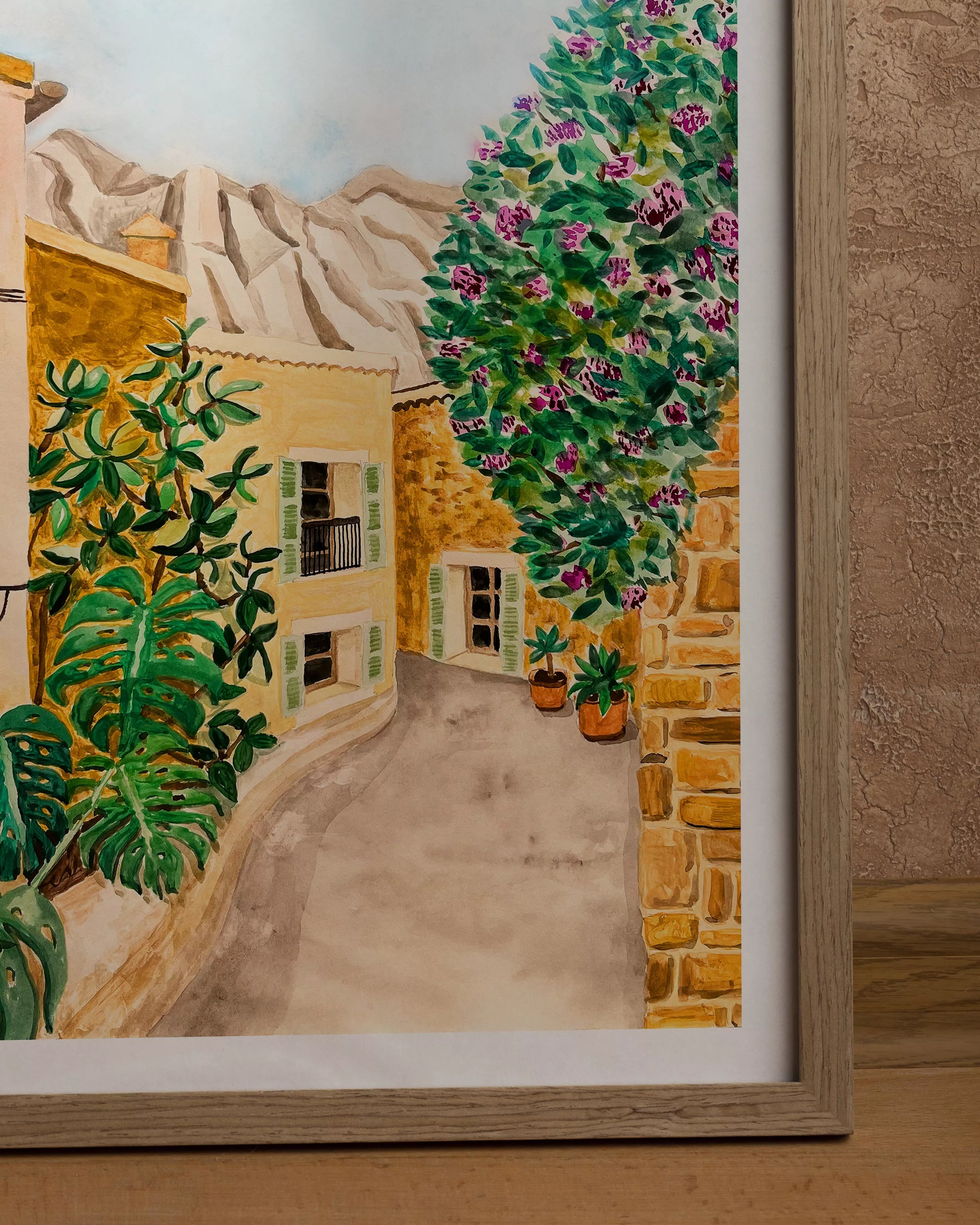 Detalle de acuarela mediterránea. Print en calidad giclée, tonos cálidos y matices sutiles del póster Fornalutx Village