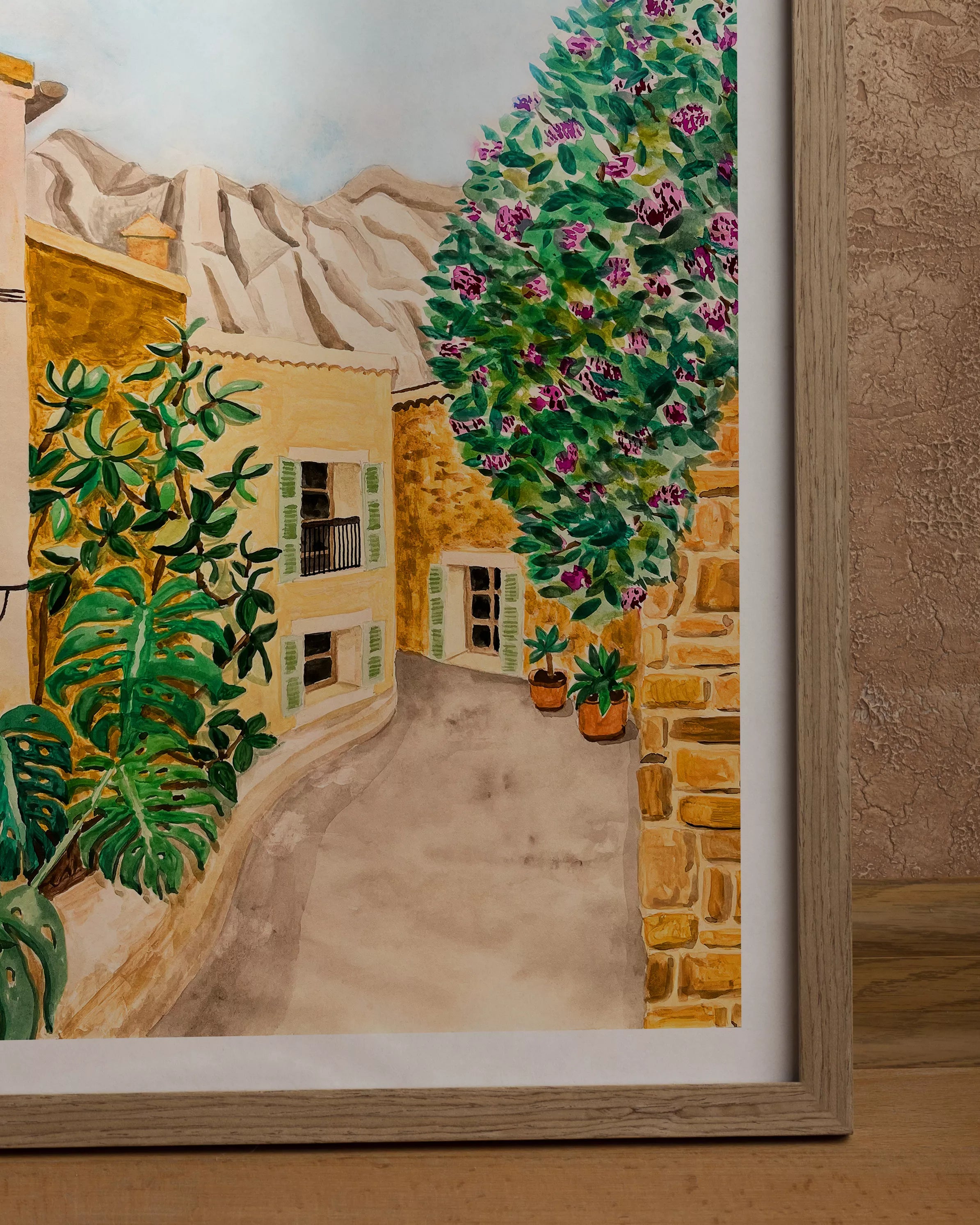 Detalle de acuarela mediterránea. Print en calidad giclée, tonos cálidos y matices sutiles del póster Fornalutx Village
