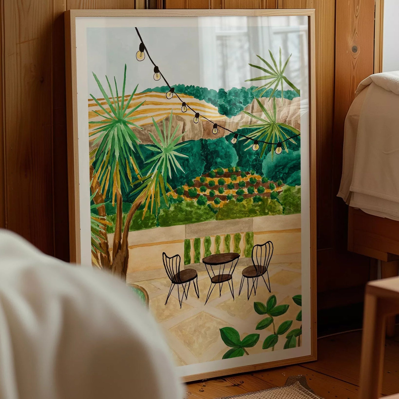 Póster mediterráneo Tramuntana Terrace con terraza entre montañas y luz cálida