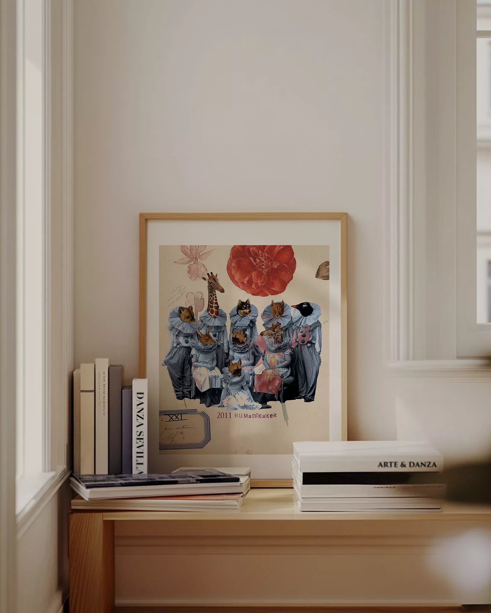 Póster de collage contemporáneo de la serie Humanidades mostrando la conexión entre humanos y animales