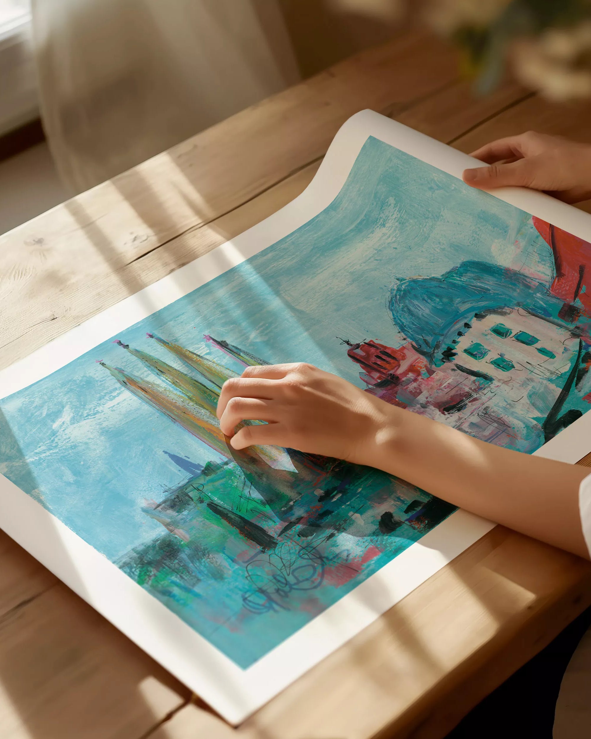Una Lámina pintado con olio . Una vista de Barcelona como punto focal "La Sagrada Familia"