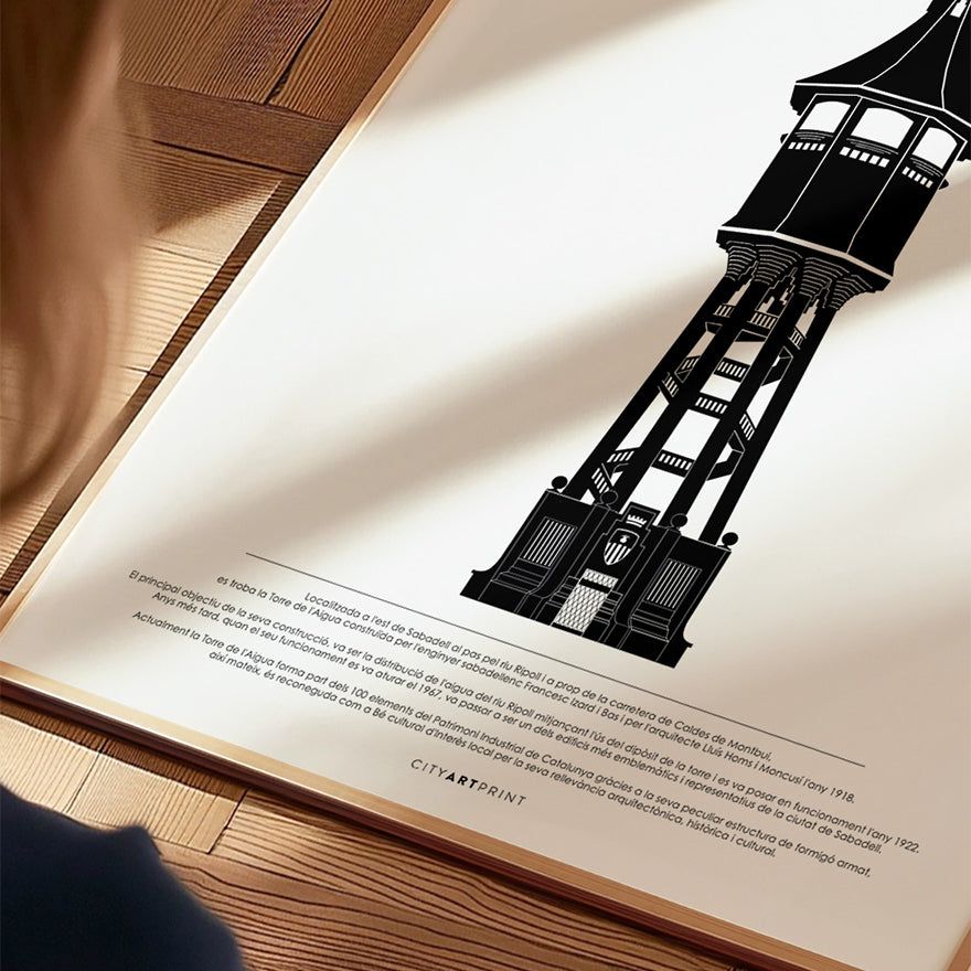 Póster decorativo de la Torre de l'Aigua, icono modernista de Sabadell