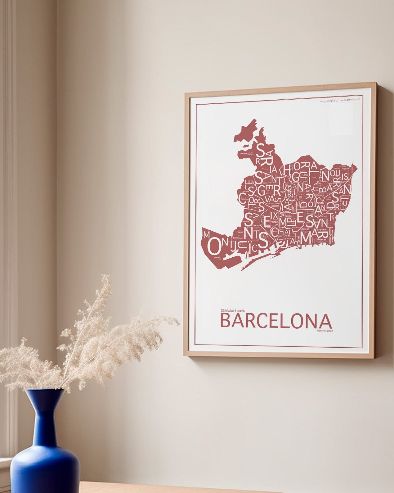 Mapa Barcelona póster moderno color teja
