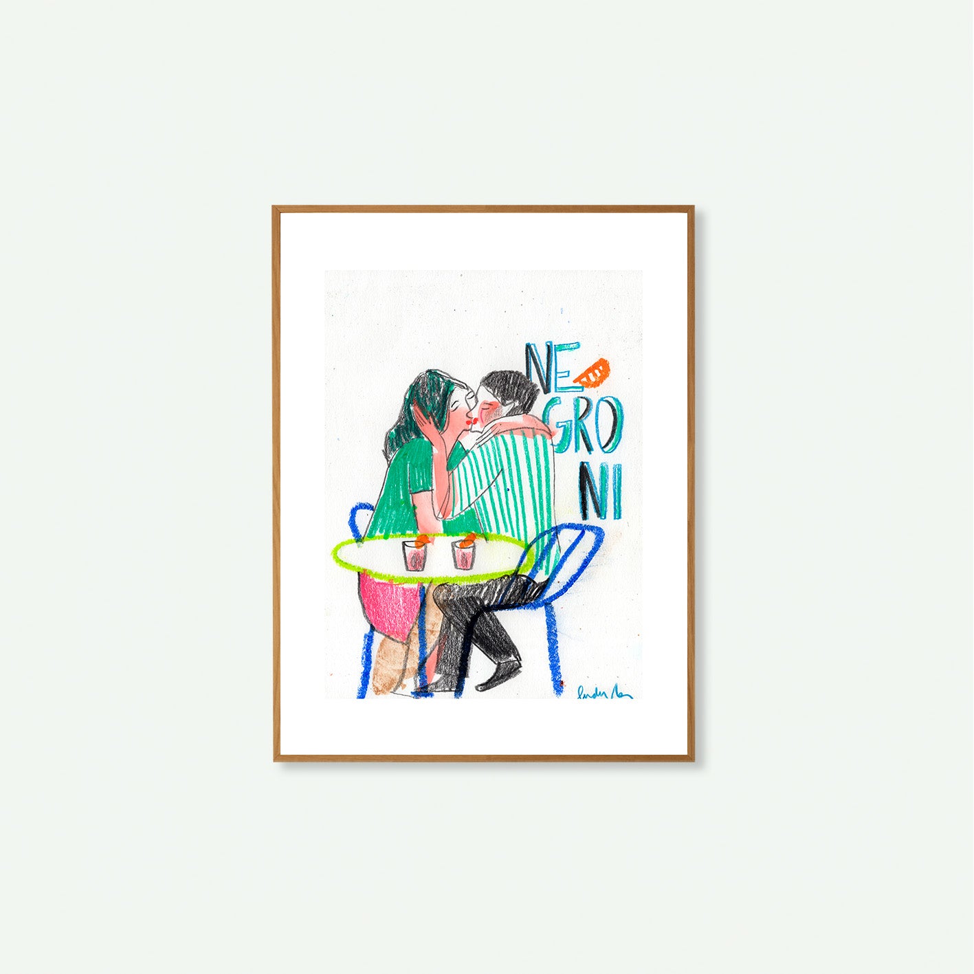 Ilustración pareja besándose en terraza con Negroni, póster color fondo blanco, luz cálida mediterránea.