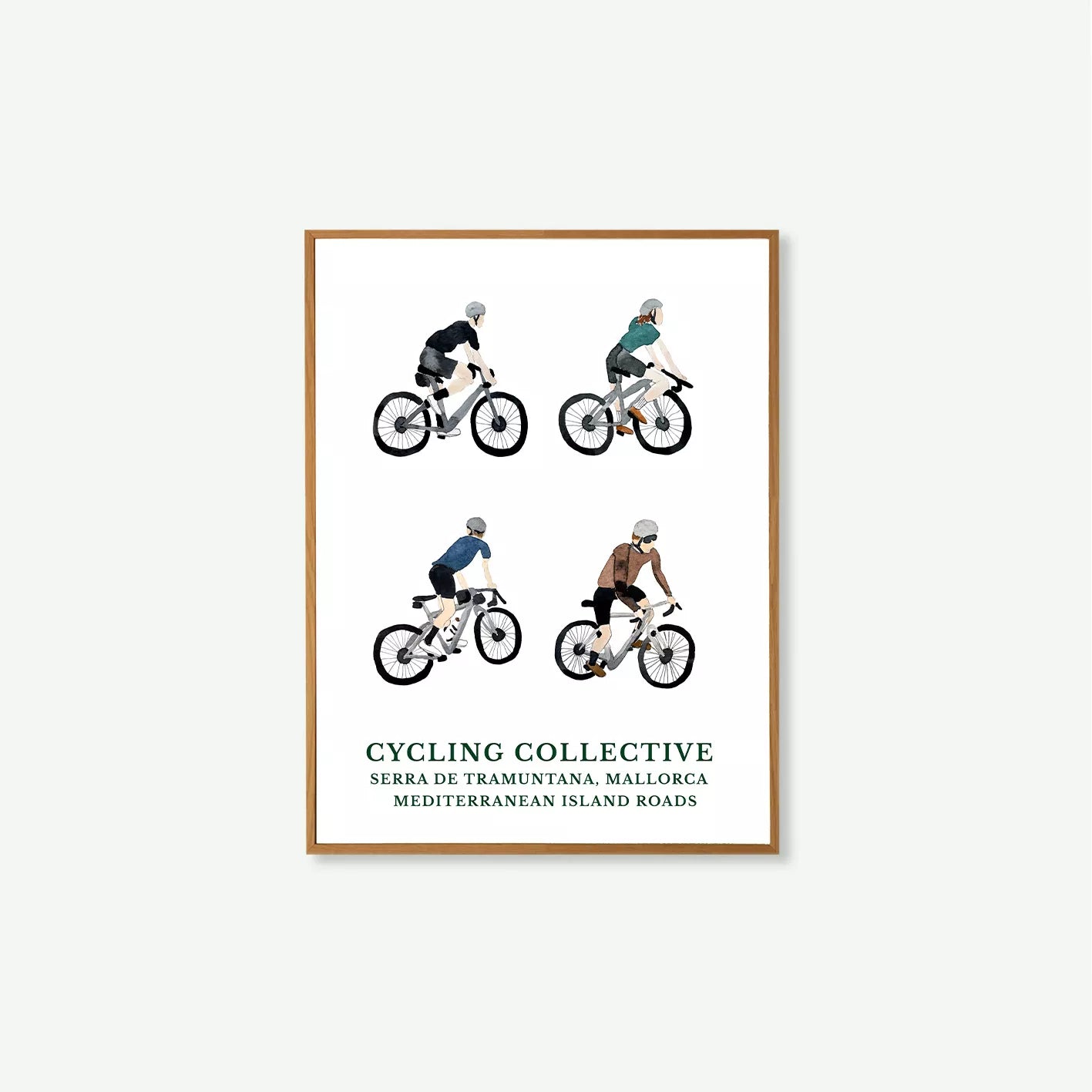 “Lámina de cuatro ciclistas sobre fondo blanco, ilustración mediterránea inspirada en la Serra de Tramuntana en Mallorca.”