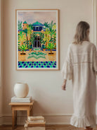 Ilustración mediterránea de jardín con azulejos vibrantes, fuente de agua y luz dorada en Jardín Majorelle