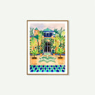 Póster mediterráneo "Jardín Majorelle" con fuente central, palmeras y azulejos vibrantes bañados por luz dorada