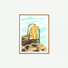 Acuarela de una escalera de madera entre rocas que desciende al mar Mediterráneo, con una toalla colgada al sol en tonos azules y marrones.