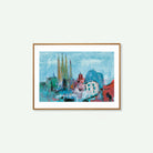 Póster de una vista de Barcelona pintado con óleo donde se ve la Sagrada Familia