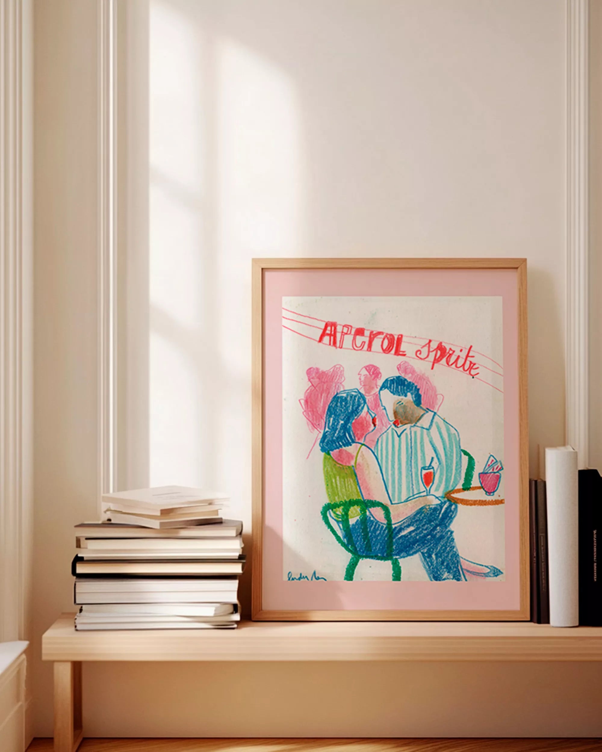 Póster Aperol Spritz en terraza mediterránea — lámina decorativa crayon