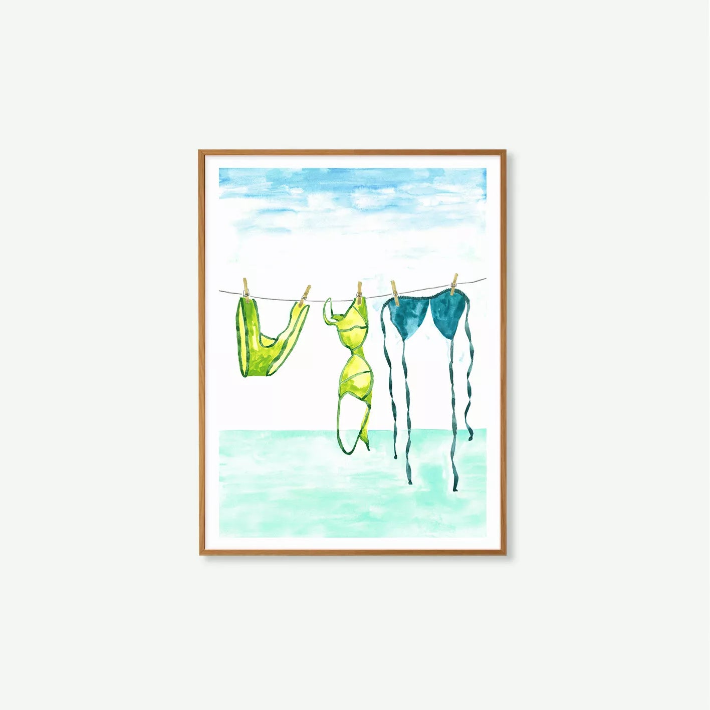 Lámina decorativa de verano con bikini secándose en tendero, ilustración mediterránea en tonos verdes y amarillos suaves.”