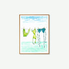Lámina decorativa de verano con bikini secándose en tendero, ilustración mediterránea en tonos verdes y amarillos suaves.”