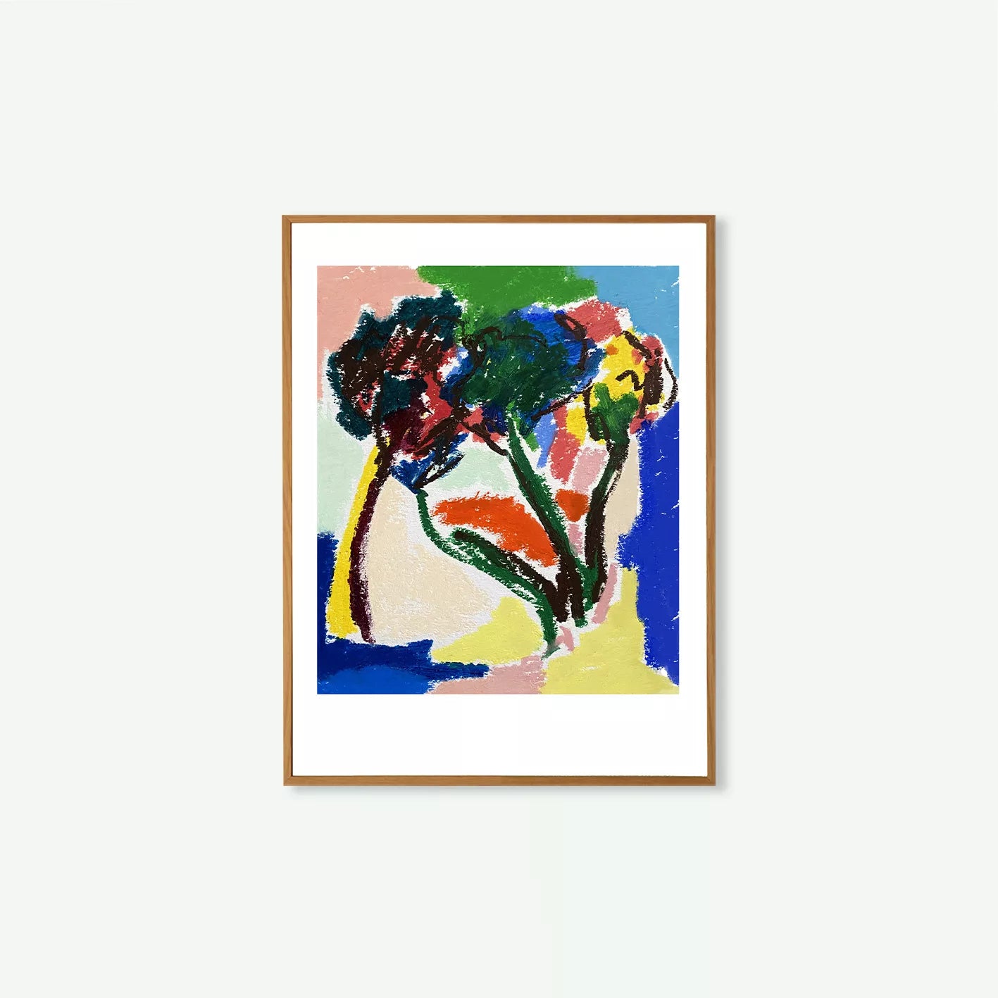 Ilustración semiabstracta de dos árboles en un paisaje colorido, obra en técnica crayón al óleo de Emeline Zeller
