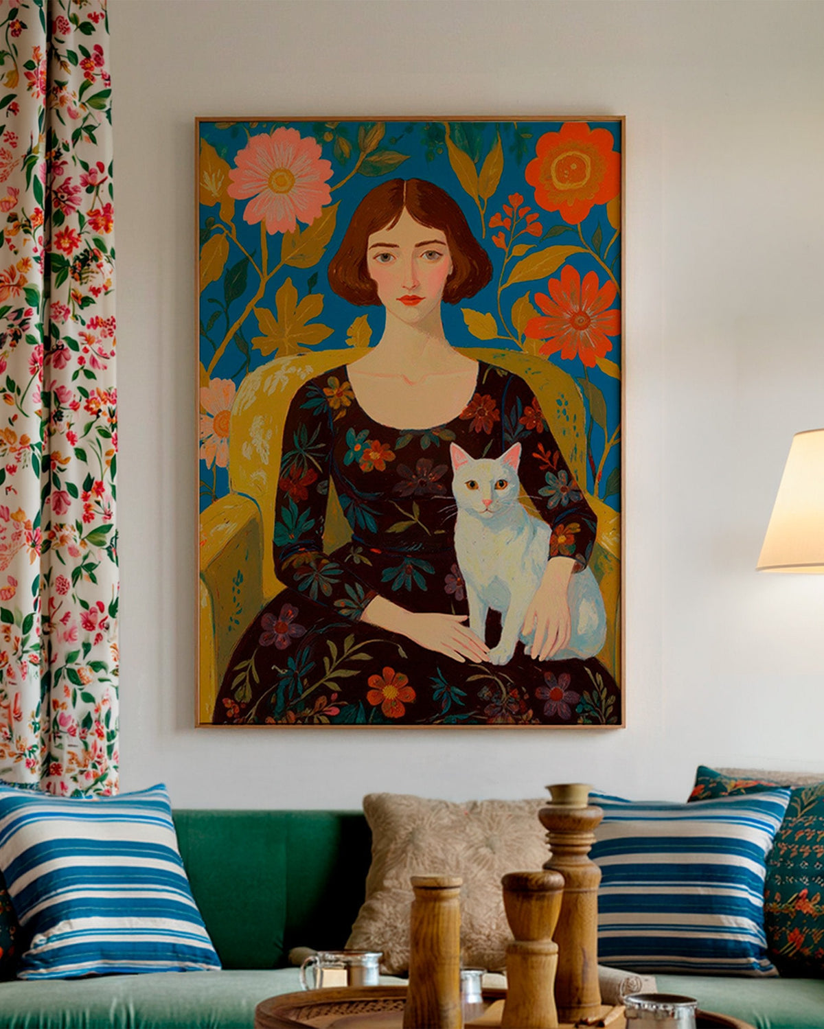 Obra artística de una mujer sentada junto a un gato blanco, rodeada de flores, de la colección Modern Classics.