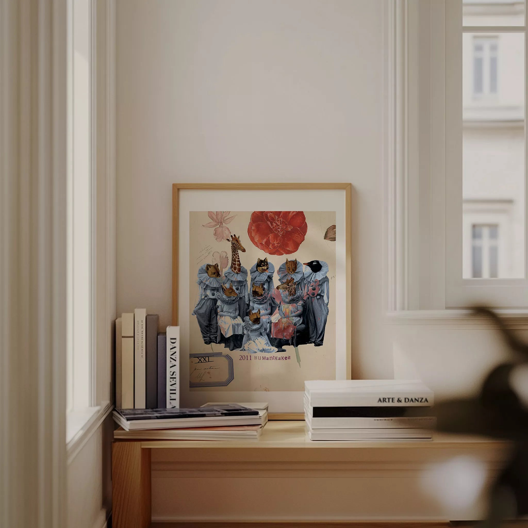 Póster de collage contemporáneo de la serie Humanidades mostrando la conexión entre humanos y animales