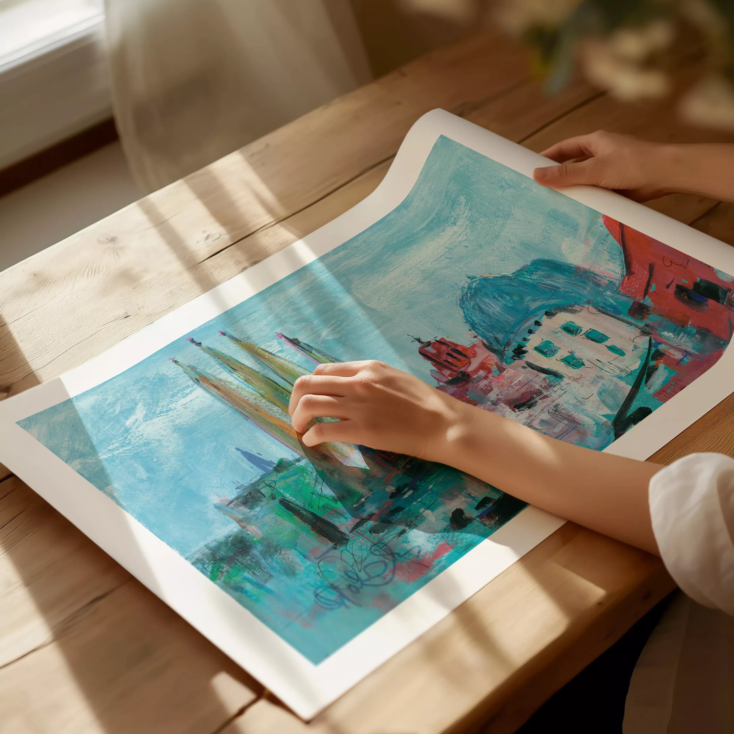 Una Lámina pintado con olio . Una vista de Barcelona como punto focal "La Sagrada Familia"