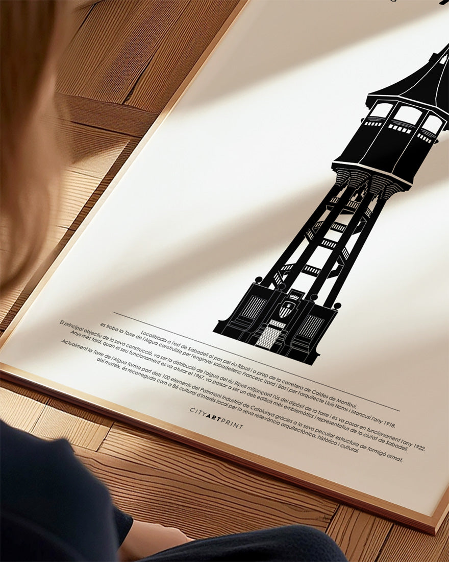 Póster decorativo de la Torre de l'Aigua, icono modernista de Sabadell